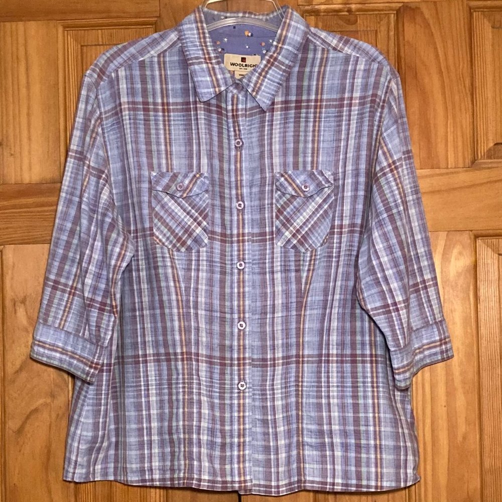 EUC Woolrich Vintage 90s Top 3/4 Sleeve Blouse Plaid Purple Blue Size XL